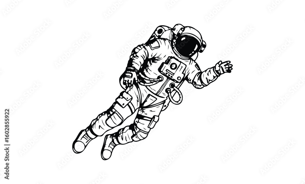 Fototapeta premium Detailed black and white illustration of an astronaut floating in space. Vector retro hand drawn illustration.