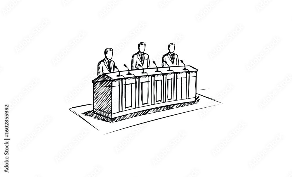 Fototapeta premium Illustration of three caucasian male adults at a podium debate conference. Vector retro hand drawn illustration.