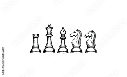 Black and white sketch of chess pieces: rook, king, bishop, knight, and knight. Vector retro hand drawn illustration.