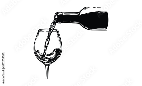 Illustration of red wine being poured into a glass. Vector retro hand drawn illustration.
