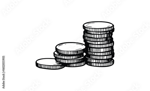 Hand-drawn stacks of coins illustration with multiple heights. Vector retro hand drawn illustration.