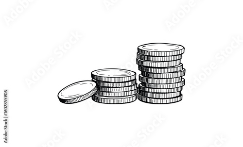 Hand-drawn stacked coins illustration on white background. Vector retro hand drawn illustration.
