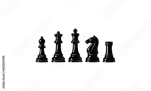 Black chess pieces silhouette on white background - bishop, king, queen, knight, rook. Vector retro hand drawn illustration.