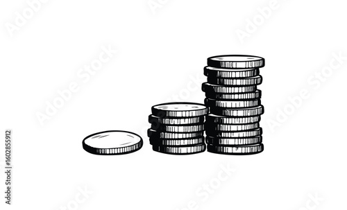 Stacked coins illustration: black and white sketch of increasing coin piles. Vector retro hand drawn illustration.
