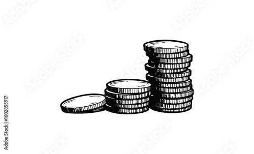 Stacked coins illustration: black and white sketch of piled currency. Vector retro hand drawn illustration.
