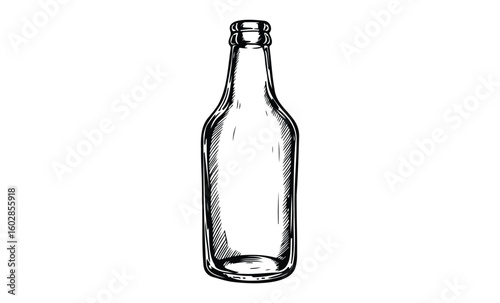 Hand-drawn empty glass bottle with cap in black and white sketch style. Vector retro hand drawn illustration.