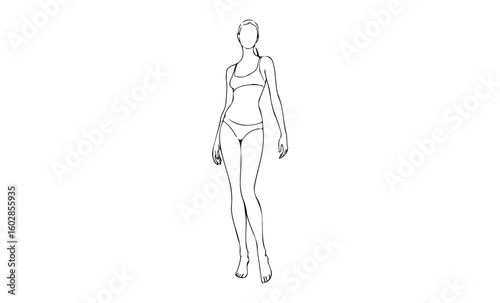 Illustration of female outline in swimwear with minimalist design. Vector retro hand drawn illustration.