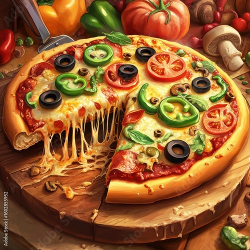 Mouthwatering Pizza with Cheesy Pull on Wooden Board with Vegetables