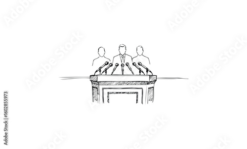 Sketch of political press conference with three speakers behind podium and microphones. Vector retro hand drawn illustration.