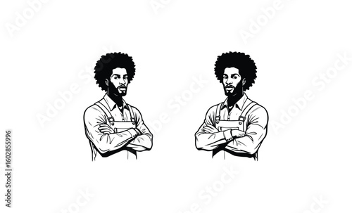 Two identical african male adults with crossed arms in black and white illustration. Vector retro hand drawn illustration.