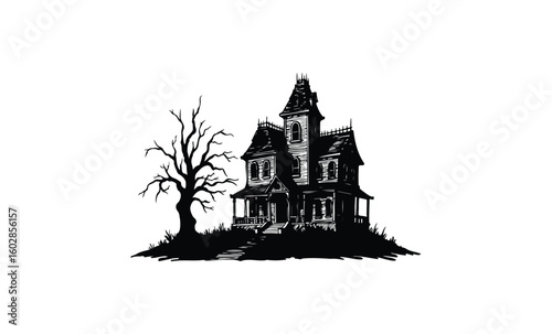 Haunted victorian manor with eerie tree silhouette. Vector retro hand drawn illustration.