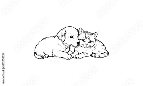 Adorable puppy and kitten cuddling together in a line art drawing. Vector retro hand drawn illustration.