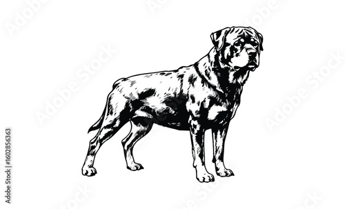 Detailed black and white illustration of a standing tibetan mastiff in profile. Vector retro hand drawn illustration.