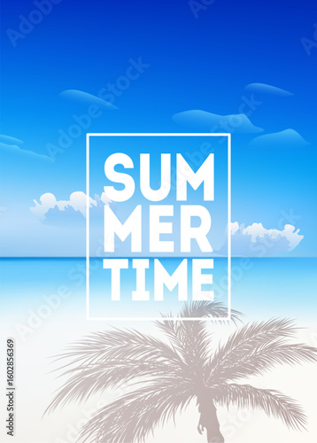 Summer tropical background with palms, sea and beach. Summer placard poster flyer invitation card. Summertime sign