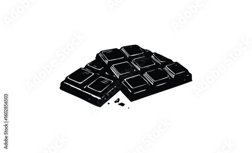 Minimalist black and white chocolate bar illustration with broken piece. Vector retro hand drawn illustration.