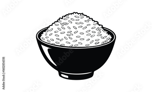 Black and white illustration of a bowl of rice with decorative seeds. Vector retro hand drawn illustration.