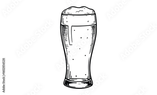 Monochrome sketch of a pint glass with foamy beer. Vector retro hand drawn illustration.