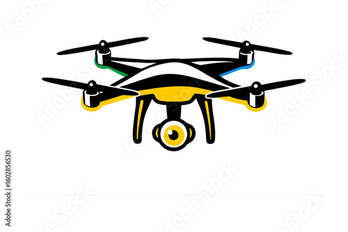 Modern quadcopter drone with integrated camera suspended below for aerial photography and videography