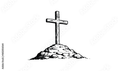 Wooden cross on stone pile: symbol of faith and remembrance. Vector retro hand drawn illustration.