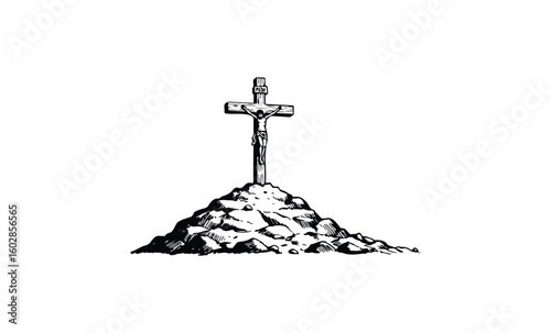 Black and white drawing of jesus on cross with stone pile. Vector retro hand drawn illustration.