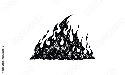Intricate tribal flame tattoo design in black ink on white background. Vector retro hand drawn illustration.