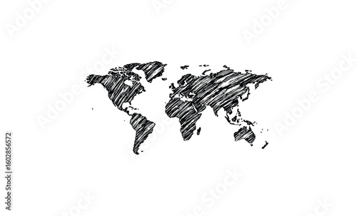 Hand-drawn world map sketch with scribbled style on white background. Vector retro hand drawn illustration.