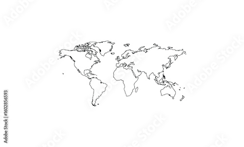 Minimalist black and white world map outline on white background. Vector retro hand drawn illustration.