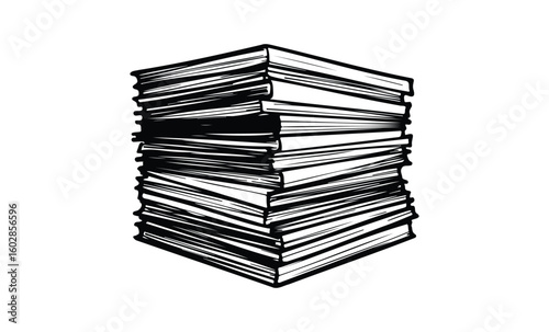Black and white stack of books illustration with shading details. Vector retro hand drawn illustration.