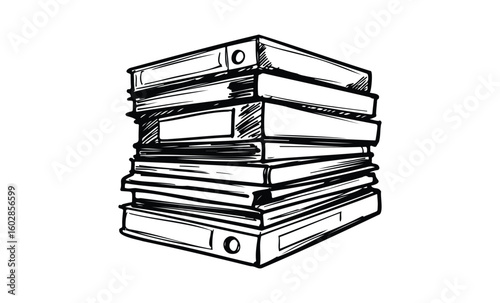 Stack of outline books on white background depicting academic study and literature. Vector retro hand drawn illustration.