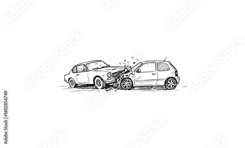 Black and white drawing of two cars in a head-on collision. Vector retro hand drawn illustration.