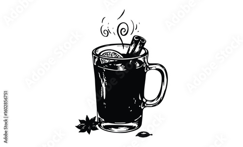 Illustrated mug of hot mulled wine with cinnamon, star anise, and clove. Vector retro hand drawn illustration.
