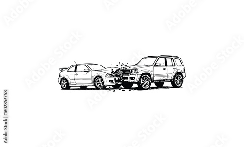 Illustration of a head-on collision between two vehicles on a white background. Vector retro hand drawn illustration.