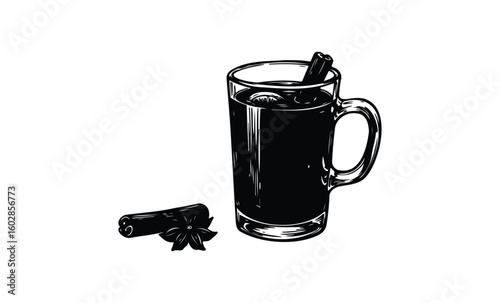 Hand-drawn mulled wine with cinnamon and star anise in glass mug. Vector retro hand drawn illustration.