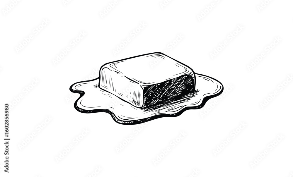 Sketch of melting butter cube on white background. Vector retro hand drawn illustration.