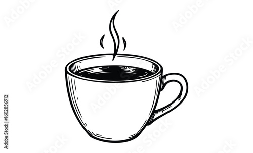 Hand-drawn coffee cup illustration with steam and bold lines. Vector retro hand drawn illustration.