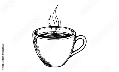 Hand-drawn steaming coffee cup illustration with detailed line art. Vector retro hand drawn illustration.