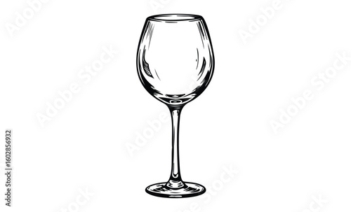 Illustration of a classic empty wine glass with detailed outline. Vector retro hand drawn illustration.