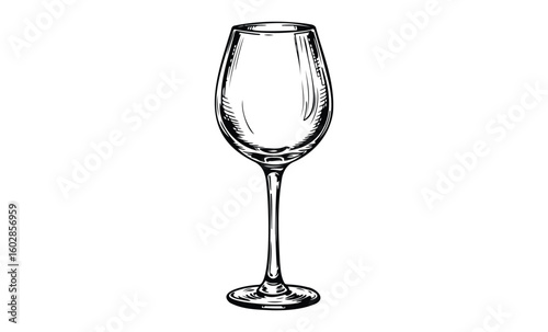 Detailed black and white wine glass illustration with elegant design. Vector retro hand drawn illustration.