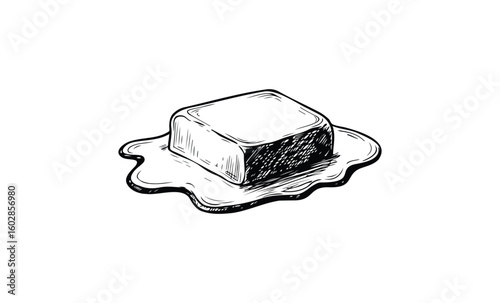 Sketch of melting butter cube on white background. Vector retro hand drawn illustration.
