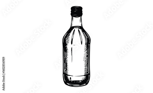 Black and white sketch of an empty glass bottle with corkscrew cap. Vector retro hand drawn illustration.