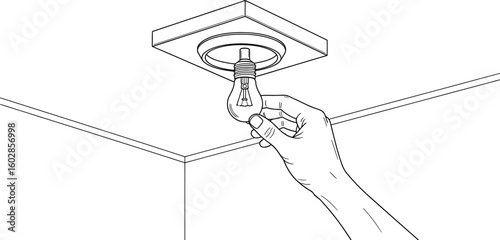 Hand Installing Light Bulb in Ceiling Fixture Line Art Illustration