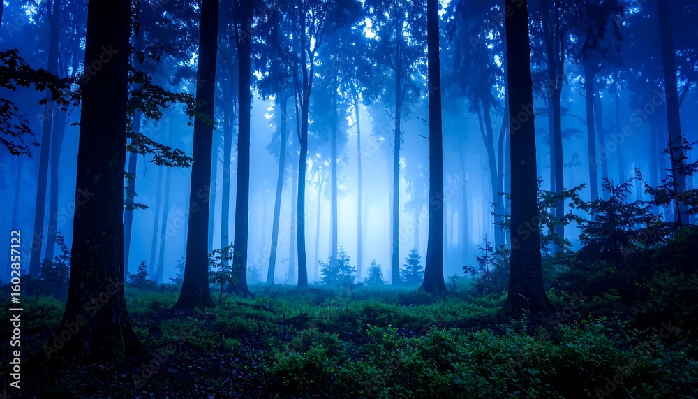 Naklejka premium Mystical blue forest at dawn