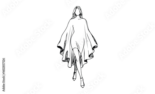 Female fashion illustration: elegant cape dress design sketch. Vector retro hand drawn illustration.
