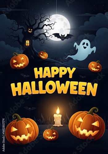 Happy Halloween text illustration with carved pumpkins, ghost, bats, bare tree, and full moon on a dark night background.