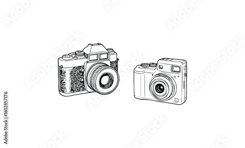 Vintage film camera and modern digital camera illustration. Vector retro hand drawn illustration.
