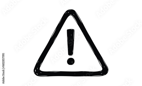 Black exclamation mark inside triangle warning sign on white background. Vector retro hand drawn illustration.