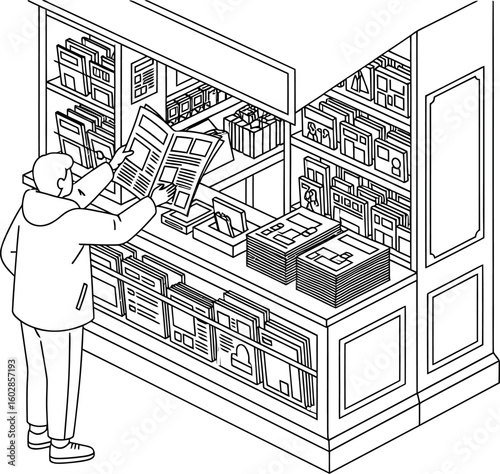 Isometric Line Art Illustration: Person Reading Newspaper at a Traditional Newsstand