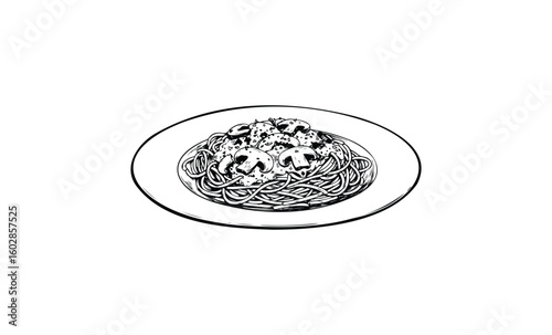 Black and white illustration of spaghetti with mushrooms on plate. Vector retro hand drawn illustration.