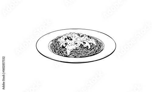 Sketch of spaghetti with mushroom sauce on a plate. Vector retro hand drawn illustration.