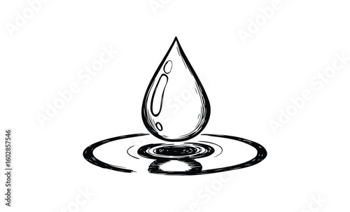Hand-drawn water droplet splash on white background in black ink style. Vector retro hand drawn illustration.